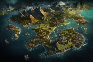 Fototapeta na wymiar Game scene with island and pirate ship, fantasy concept. Generative AI