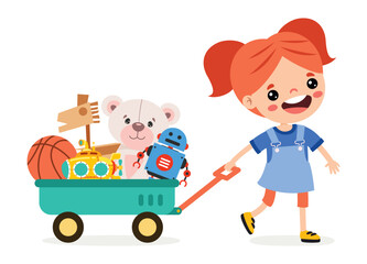 Obraz na płótnie Canvas Cartoon Kid Pulling Wagon Toys