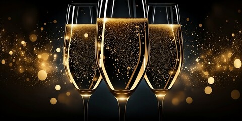three glasses of champagne. Christmas decoration. background with copy space