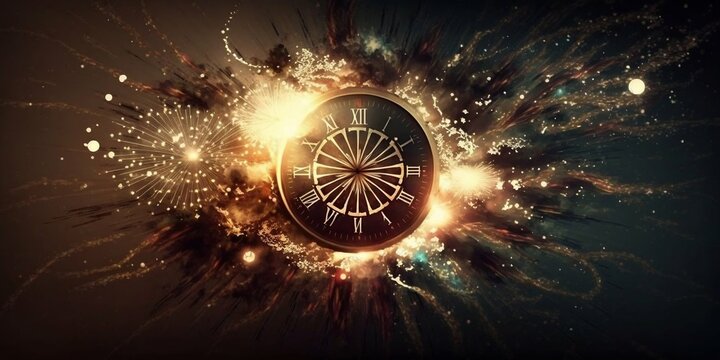Clock as time concept. Flashes of golden light. New year concept. Generative AI