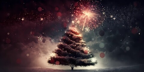 Christmas Postcard with a Christmas Tree and Fireworks - obrazy, fototapety, plakaty