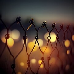 Metallic fence at night with bright blurry lights