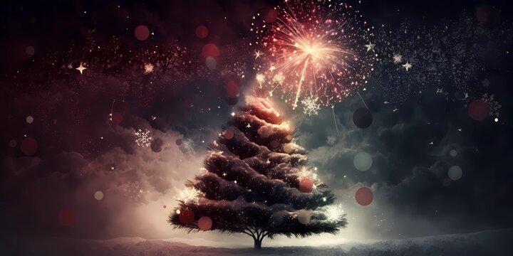 Christmas Postcard with a Christmas Tree and Fireworks