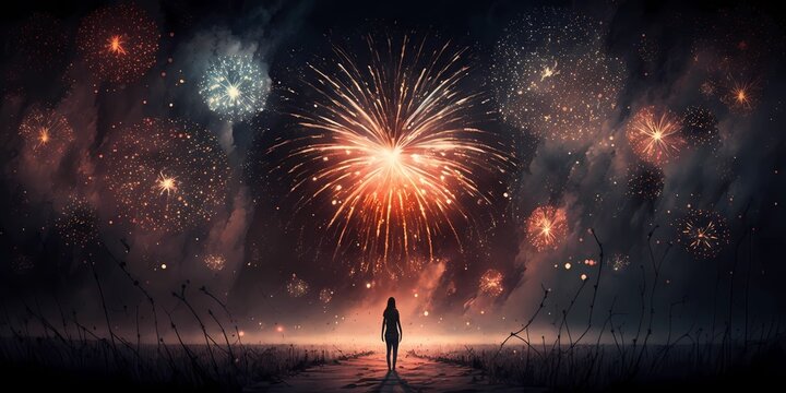 The Silhouette Of A Person Watching The Fireworks In The Sky