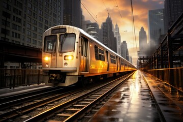 Naklejka premium Digital illustration of moving train, concept of technology and urban mobility. Generative AI