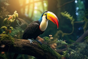 Landscape with beautiful toucan in tropical forest, bokeh background. Generative AI