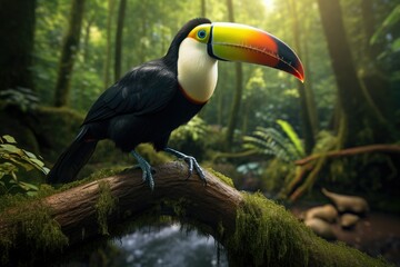 Fototapeta premium Landscape with beautiful toucan in tropical forest, bokeh background. Generative AI
