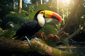 Landscape with beautiful toucan in tropical forest, bokeh background. Generative AI