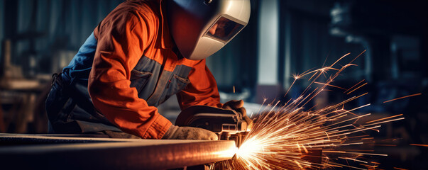 Industrial professional worker grinding metal part in metal industry.
