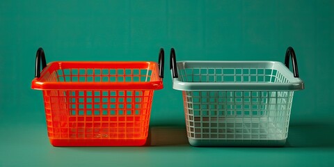 Shopping baskets, green background, market and sales concept. Generative AI