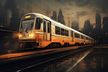 Naklejka premium Digital illustration of moving train, concept of technology and urban mobility. Generative AI