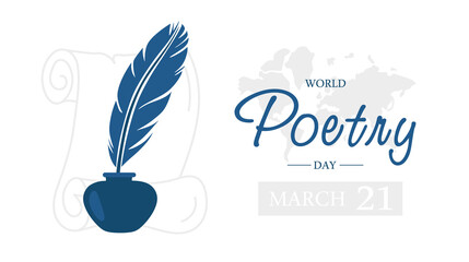 World Poetry Day concept with Feather, inkwell, world map, quill and ancient scroll paper. Design with inscription, lettering world poetry day, March 21 for celebration. Vector illustration - obrazy, fototapety, plakaty