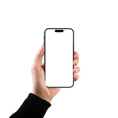 Hand holding Smartphone iPhone 15 pro as png photo and isolated on white background for your mobile phone app or web site design, logo Global Business technology,  png transparent isolated 