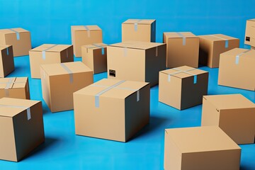 Cardboard boxes, blue background, deliveries concept. Generative AI