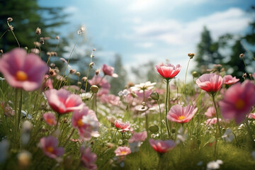 Panoramic closeup view of a sun-laden field of blossoming pink and red wildflowers in a green meadow, with bright blue skies and fluffy clouds in the background.