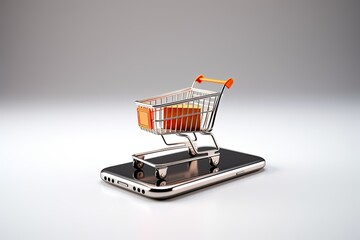 Shopping cart on mobile screen, concept of online sales and ecommerce. Generative AI