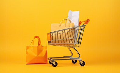 Shopping cart with bags, orange background, sales and business concept. Generative AI