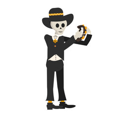 black suit skeleton man with tambourine