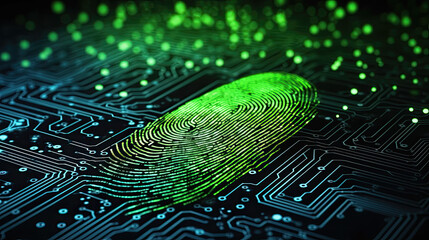 Biometrics. Digital processing of biometric fingerprint scanner. Surveillance and security scanning of digital programs and fingerprint for Digital Security and Identity Concept. Generative AI 