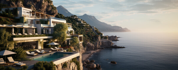 Luxury vila nestled along side of sea moutains with fresh green trees.