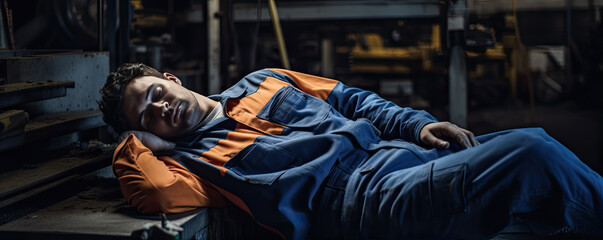 Fototapeta na wymiar Worker lying down on floor in unconscious. Industry or worker place background.