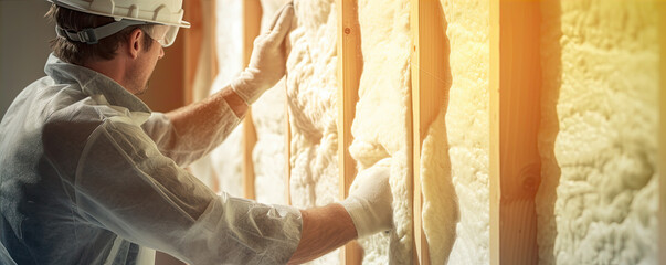 Construction worker installing house wall insulation in new home. - obrazy, fototapety, plakaty