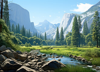 Yosemite valley, naturalistic landscape backgrounds, light green and light gray, a valley with a river, trees and rocks in the background.