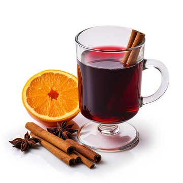 Hot mulled wine with spices on white background, Generative AI