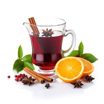 Hot mulled wine with spices on white background, Generative AI