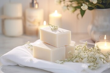 Fototapeta na wymiar Natural homemade soap concept. Homemade soap on white towel illuminated by soft light. AI generation.