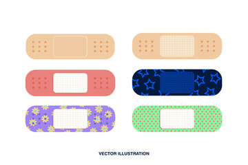 Set of Cute Medical Plaster band aid illustrations. Star patterned blue plaster, flower medical bandage, polka dots. Colorful adhesives. Vector Illustration. EPS 10.
