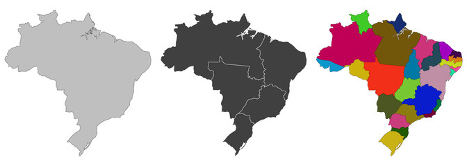 Naklejka premium Brazil map with administrative regions. Latin map. Brazilian map. Black color 