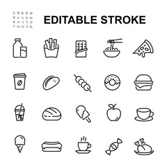 Fast food related line icon collection. Street food icon. Such as burgers, hotdogs, ice cream and others.
