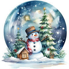 Obraz premium Watercolor illustration of a snow globe with a house and a snowman, AI Generative