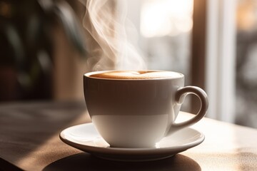 Close up mug with aromatic coffee white cup of hot aroma cappuccino espresso latte steam smoke on table morning breakfast drinking tasty drink cafeteria cafe restaurant caffeine beverage energy dinner