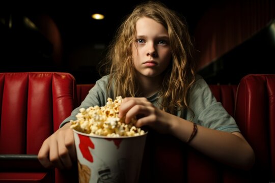 Serious scared Caucasian European teenager girl female pupil schoolgirl teen daughter child holding popcorn horror watching movie snack sit in empty cinema hall watch film tv alone holiday weekend