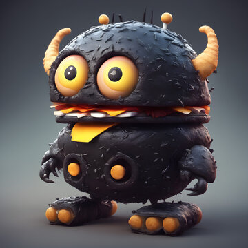 Monstruo hamburguesa color negro. Criatura burguer negra con fondo liso. Hamburguesa monstruo Halloween. creada con herramientas generativas de IA.