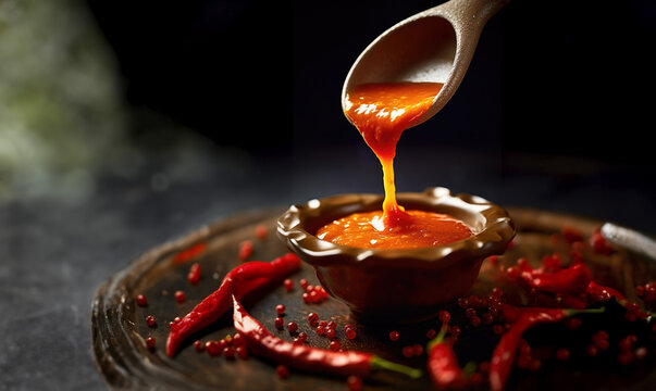 Chili sauce. Sauce dripping with a spoon. Jar with sauce. Sauce close-up shot. Ketchup. Sweet and sour sauce.