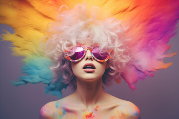 portrait of a woman with colorful rainbow hair and makeup , equality and diversity 