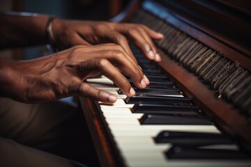 Obraz na płótnie Canvas Closeup female male hands talented African-American musician musical teacher playing piano fingers touching piano tiles notes music performance home school concert instrument classics song sound hobby