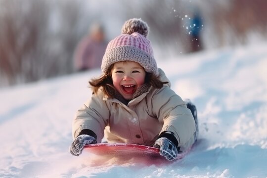 Happy girl sledding outdoors on clear winter day. Generative AI