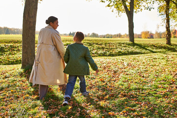 Fototapeta premium golden hour, mother and son walking in park, autumn leaves, fall season, african american family