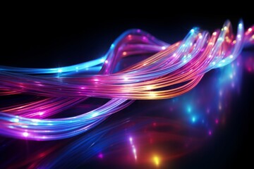 Fototapeta Colorful optic fiber electrical cables wires neon waves lines abstract 3d ai design background pattern glow colored streams information optical connection internet web multicolor data led technology obraz