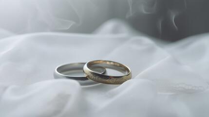 Two engagement wedding ceremonial gem rings, textile veil white background. AI generated.