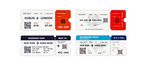 Set airways tickets and boarding passes mockups. Vector avia company traveling by plane documents with time of departure and arrival, seat number and date.