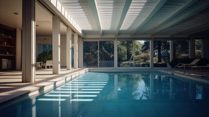 Obraz na płótnie Canvas Modern interior with large swimming pool.