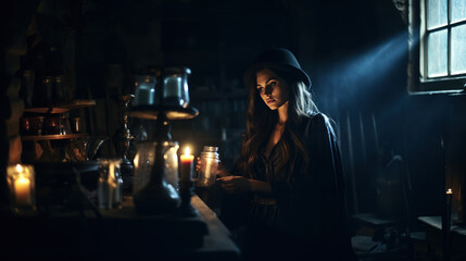 Fototapeta premium Beautiful witch making the witchcraft in a dark and scary dungeon. Halloween image.