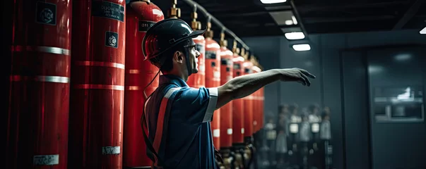 Tuinposter Engineer worker checking fire extinguisher. Inspection extinguishers in factory or industry. © Michal