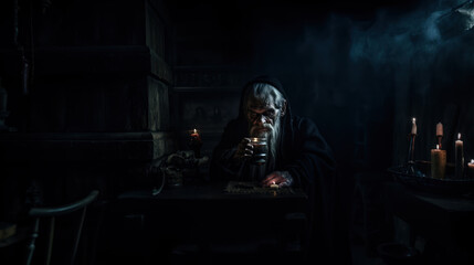 Evil wizard or alchemist making the witchcraft in a dark and scary dungeon. Halloween image. - obrazy, fototapety, plakaty