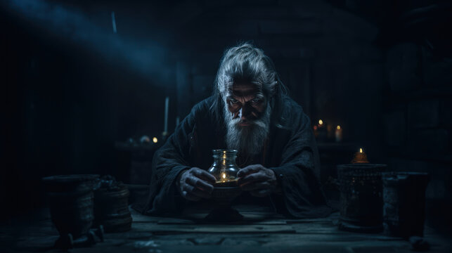 Evil wizard or alchemist making the witchcraft in a dark and scary dungeon. Halloween image.